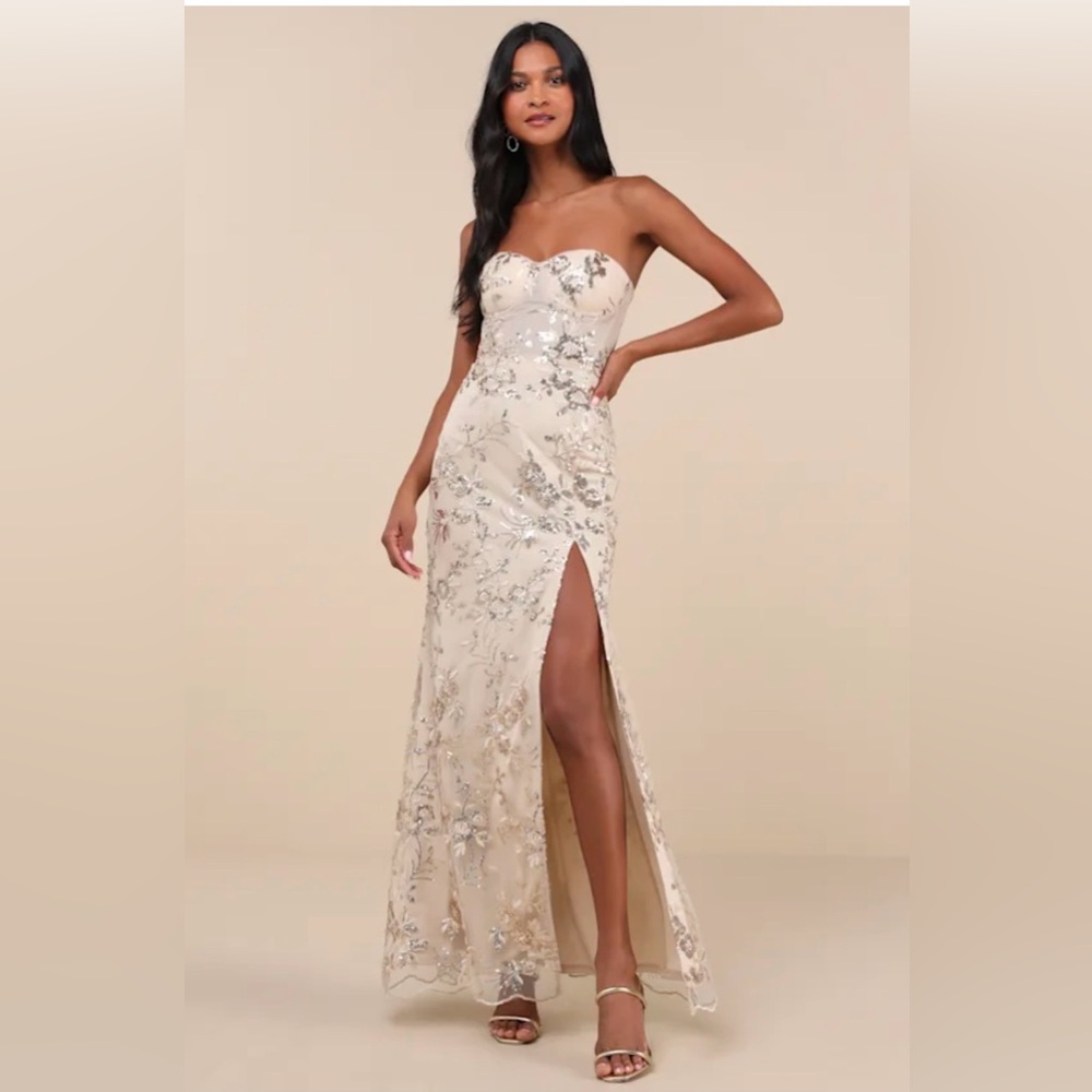 Lulu's Confident Sensation Gold Sequin Strapless Bustier Maxi Dress